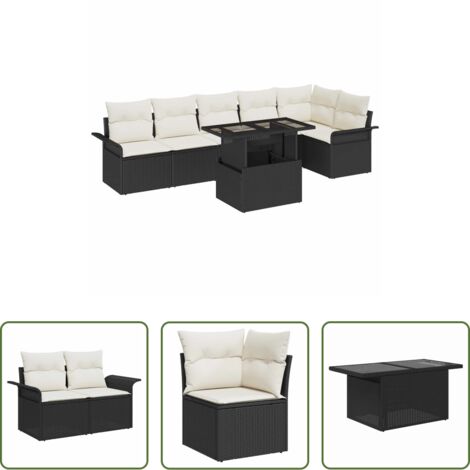 Polyrattan -  Set Divano da Giardino con cuscino 7 pcs Nero Poly Rattan