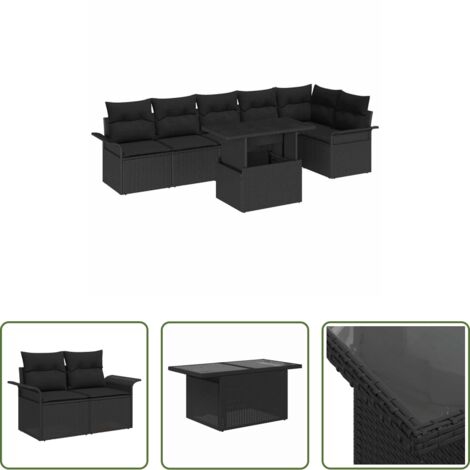 Polyrattan -  Set Divano da Giardino con cuscino 7 pcs Nero Poly Rattan