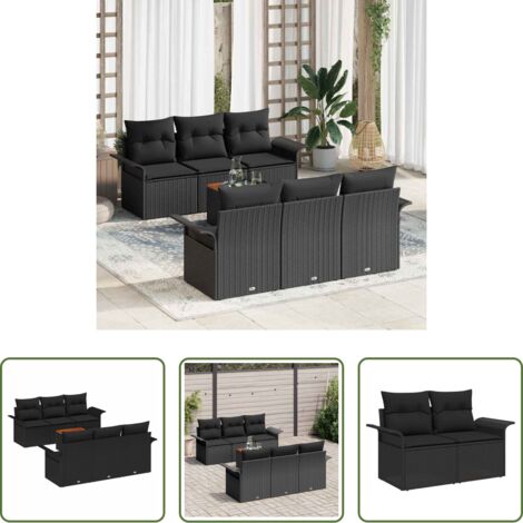 Polyrattan -  Set Divano da Giardino con cuscino 7 pcs Nero polyrattan