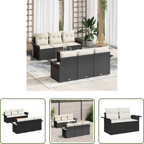 Polyrattan -  Set Divano da Giardino con cuscino 7 pcs Nero polyrattan