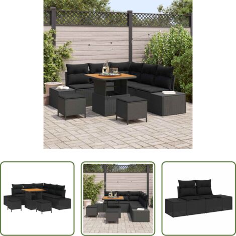 Polyrattan -  Set Divano da Giardino con cuscino 8 pcs Nero Poly Rattan
