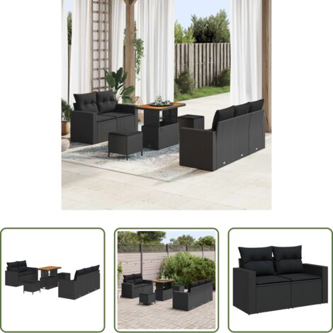 Polyrattan -  Set Divano da Giardino con cuscino 8 pcs Nero polyrattan