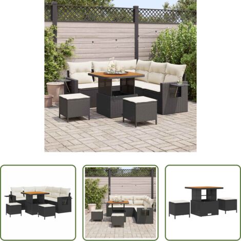 Polyrattan -  Set Divano da Giardino con cuscino 8 pcs Nero polyrattan