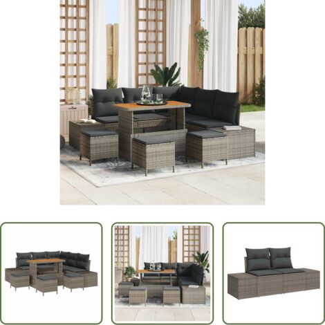 Polyrattan -  Set Divano da Giardino con cuscino 9 pcs Grigio Poly Rattan