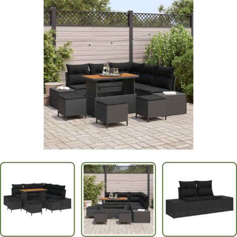 Polyrattan -  Set Divano da Giardino con cuscino 9 pcs Nero Poly Rattan