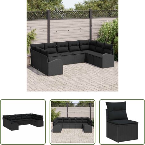 Polyrattan -  Set Divano da Giardino con cuscino 9 pcs Nero polyrattan