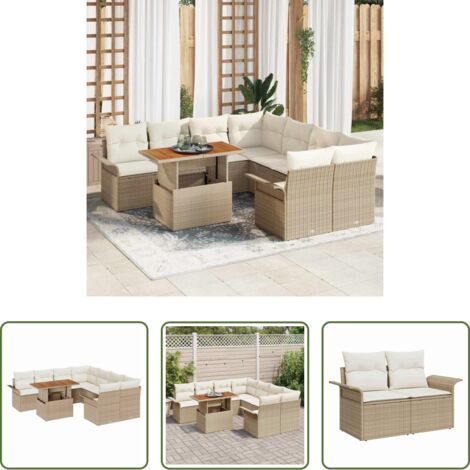 Polyrattan -  Set Divano da Giardino con cuscino beige e panna