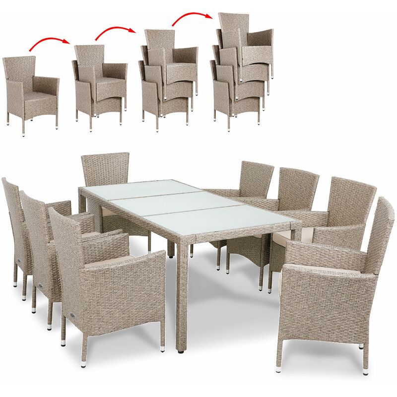 Polyrattan Sitzgruppe Florenz 8 Gartenstühle Stapelbar 7cm Auflagen Tisch 190x90cm Garten Gartenmöbel Set - Casaria