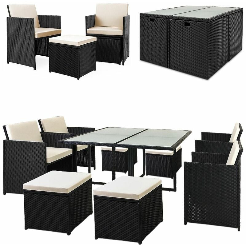 Poly Rattan 9 tlg Sitzgruppe Cube 4 Stühle 4 Hocker Auflagen & Kissen Tisch 120x120cm Platzsparend Gartenmöbel Set - Casaria