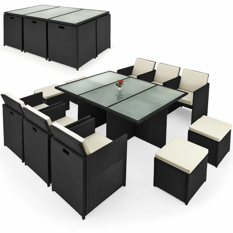 Poly Rattan 11 tlg Sitzgruppe Cube 6 Stühle 4 Hocker Auflagen & Kissen Tisch 180x120cm Platzsparend Gartenmöbel Set - Casaria