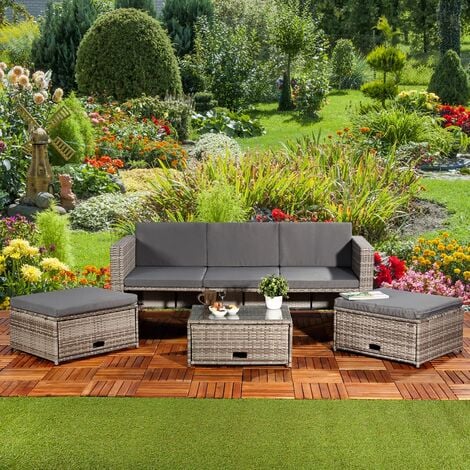 Polyrattan Sitzmöbel Set Sofa Tisch 2 Hocker grau Lounge Gartenset Rattanmöbel