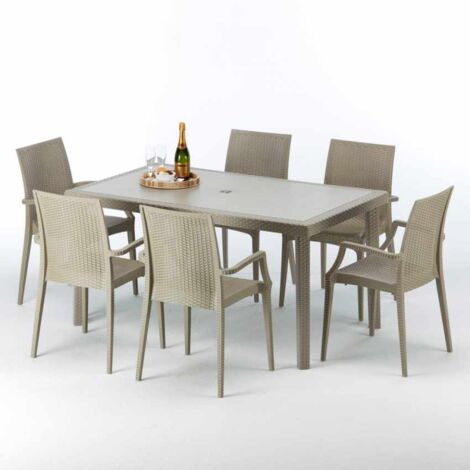 Polyrattan Tisch Rechteckig mit 6 Bunten Stühlen 150x90 Beige Marion