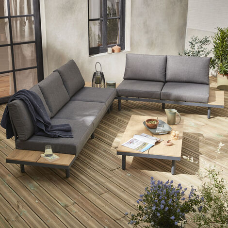 Polywood and aluminium garden corner sofa set - Santiago - ready assembled, built-in side tables, coffee table, grey cushions - Grey