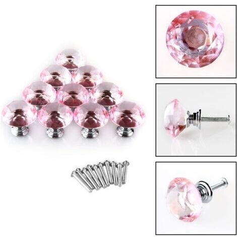 Pomello per mobili, pomello per porta, pomello per cassetto, pomello per armadio, maniglia per mobile, cristallo trasparente, diametro 30 mm, rotondo, vetro rosa, 10 pezzi