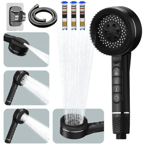 Pomme de Douche Haute Pression avec Filtre Anti-Calcaire, Douchette Salle de Bain Noire 4 Modes avec Tuyau 1,5M et Support, Économie d'Eau et Bouton d'Arrêt, 3 Cartouches de Rechange Incluses