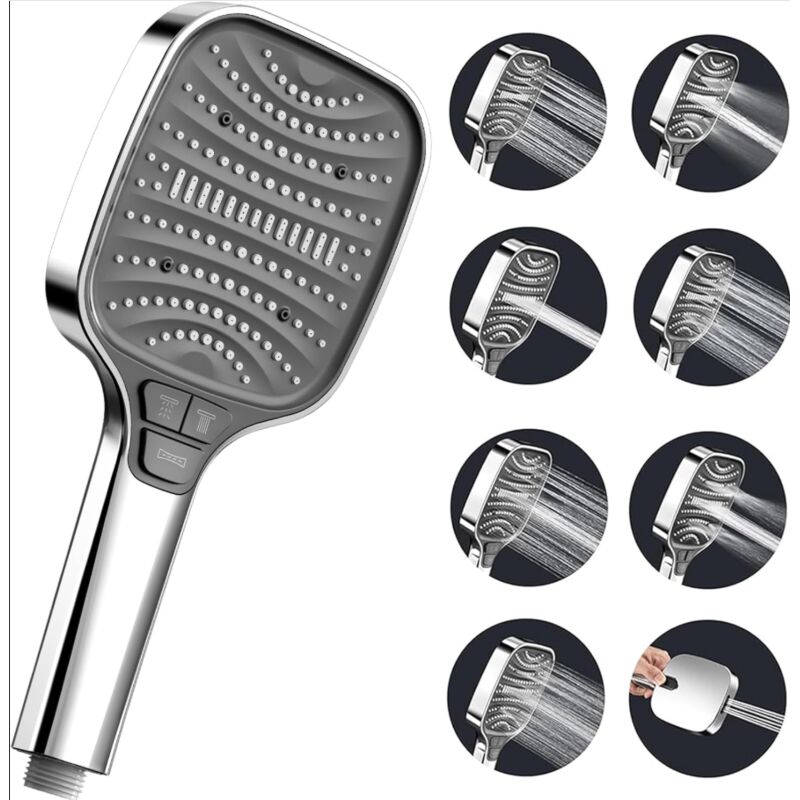 Pomme de douche haute pression,argenté,Pommeau de douche carré avec 8 modes de pulvérisation,grand pommeau de douche puissant pour appareils de salle