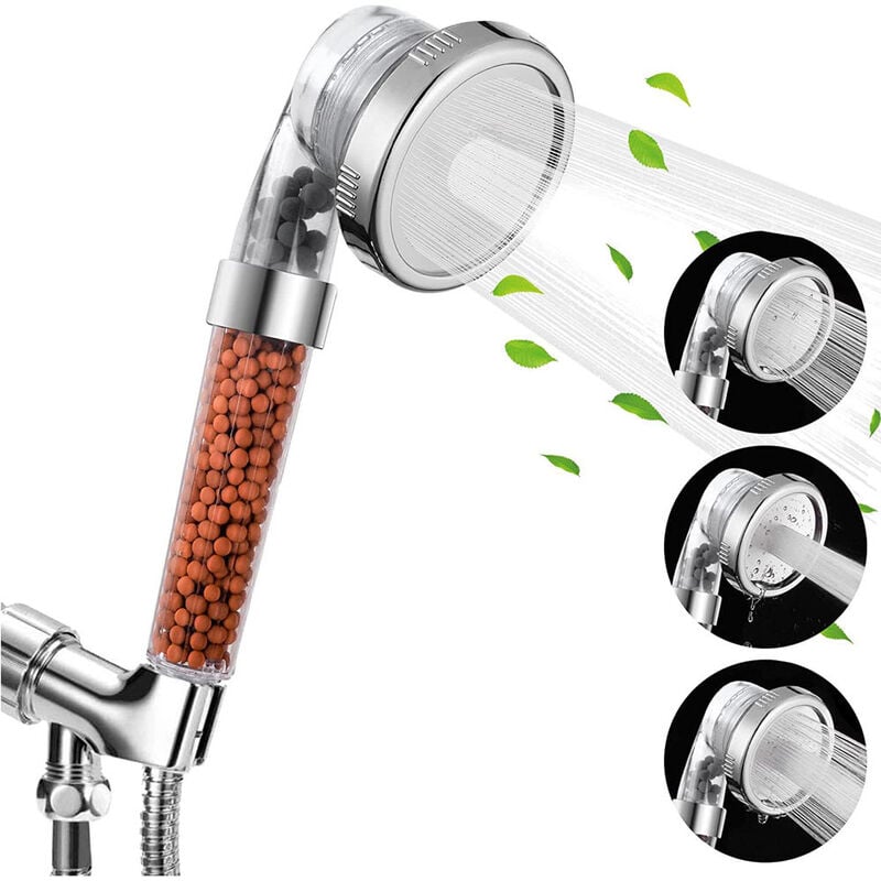 Jusch - Pommeau de douche, 3 modes jet, bouton on / off, double filtration, granules minéraux, tourmaline, économie d'eau, jet uniforme