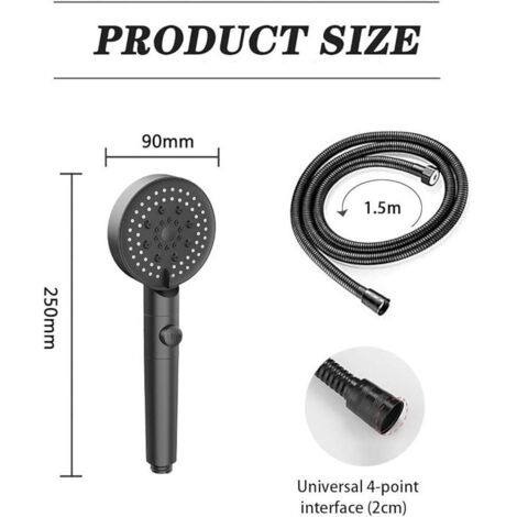 Pommeau de Douche à économie D&39eau à 5 Modes,Pommeau de Douche Réglable,Arrêt à Un Bouton,Haute Pression Salle de Bain Universel (Noir)