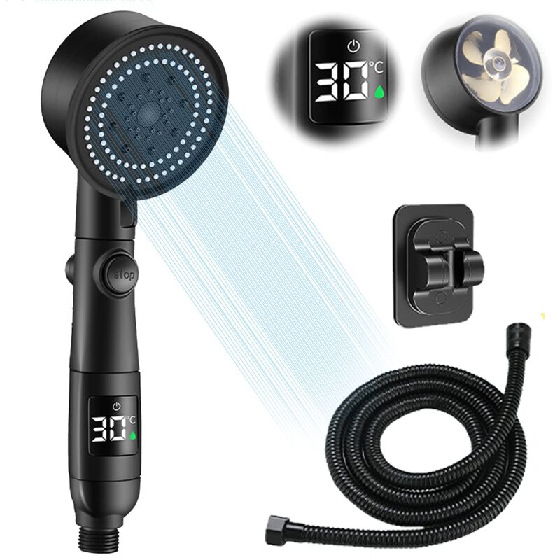 Pommeau de Douche à Économie D'eau avec Affichage de la Température, Pommeau de Douche Haute pression avec Tuyau de 2 m, 5 Modes, Pommeau de Douche