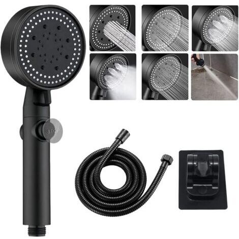 Pommeau de douche à haute pression avec tuyau de 1,5 m et support, douche à effet pluie à 6 modes, pommeaux de douche à cascade avec arrêt d'économie d'eau à 65 %