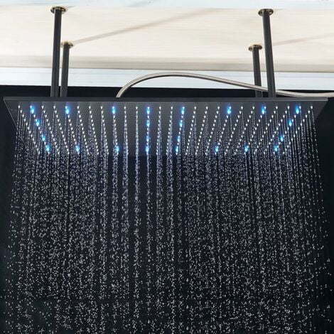 Pommeau de douche à LED de 80CM40CM Pommeau de douche à pluie carré Noir Mat Buse en Silicone Facile à nettoyer Robinet fixe pour douche