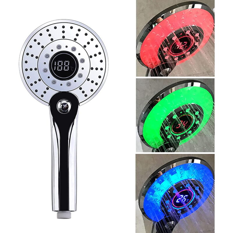 Feiyue - Pommeau de douche à led - Douchette à main avec contrôle de la température, affichage numérique, économie d'eau, 3 modes (1 pièce)