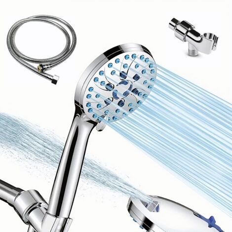 Pommeau de douche à main — Buses anti-obstruction, 7 modes de jet haute pression, rinçage puissant  inclut un flexible extra-long de 1,5 m en acier inoxydable et un support mural (Rond, Argent)
