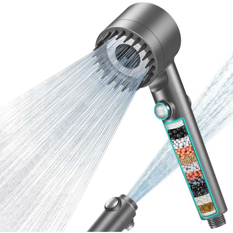 Pommeau de Douche Anti Calcaire avec 15 Étapes Filtre et avec Tuyau 1,5M Pommeau Douche Économie Deau Haute Pression Filtre Douche 3 + 1 Types de Jets