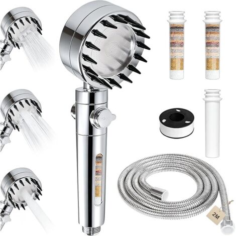 Pommeau de Douche Anti Calcaire Haute Pression Pommeau de Douche Economie Deau avec Filtre Douche 3 Types de Jets Douchette Douche Salle de Bain avec Bouton D'arrêt D'eau,avec Tuyau 2M, Argent