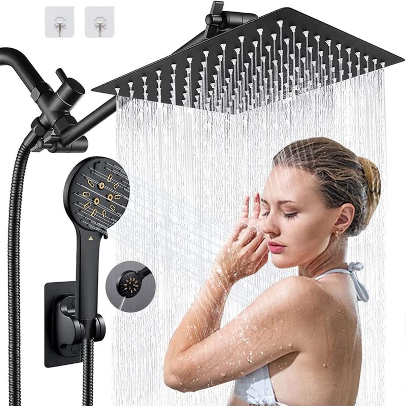 Pommeau de douche avec combinaison de jet à main, pommeau de douche à effet pluie haute pression, flexible de douche étanche, noir mat