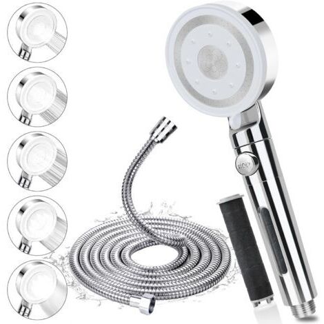 Pommeau de Douche avec Tuyau 2m, Pommeau de Douche Haute Pression avec 5 Modes de Jet, Pommeau Douche Economie Deau avec Arret, Douchette Douche Filtrant Anti Calcaire Salle de Bain,Facile à Installer