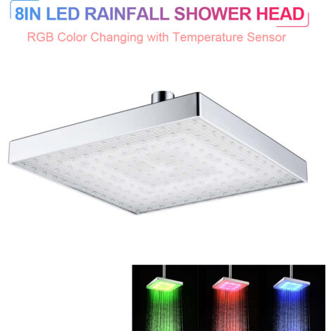 Pommeau de douche carré à LED, pomme de douche à effet de pluie, capteur de température à changement de couleur automatique, pomme de douche pour salle de bain