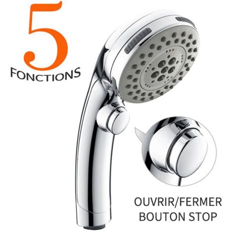 HOMELODY Pommeau de Douche Chromé avec Bouton Stop Douchette à Main 5 Jets au Choix Pomme de Douche Picots Anticalaire Type Universel