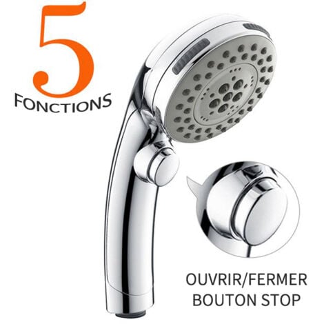 Pommeau de Douche Chromé avec Bouton Stop Douchette à Main 5 Jets au Choix Pomme de Douche Picots Anticalaire Type Universel