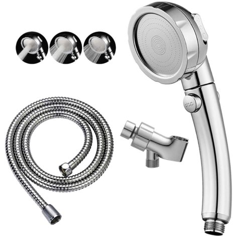 Pommeau de douche chromé haute pression avec interrupteur Pause/Marche, 3 modes de jet avec bouton d'arrêt, pommeau amovible avec flexible et support à angle réglable.