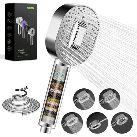 Pommeau de Douche et Tuyau avec Filtre à Eau à 20 Étapes - 5 Modes de Jet de Pulvérisation, Haute Pression, Tuyau de 1,5 m, Filtre Massant pour Enlever le Chlore, Chromé