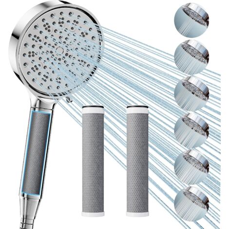 Pommeau de douche filtrant avec flexible, douchette avec 3 filtres à charbon actif, pommeau de douche à 6 jets, pommeau de douche économique haute pression avec filtre anticalcaire pour eau dure