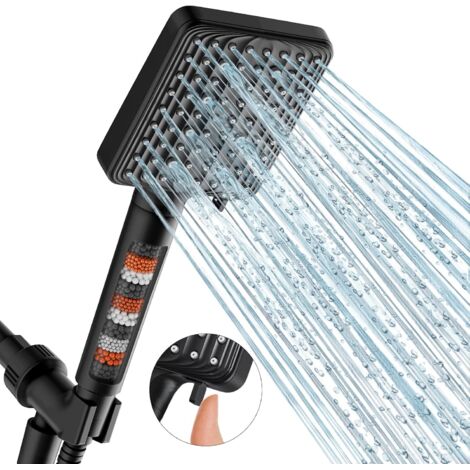 Pommeau de douche filtrant noir - Pommeau de douche à main haute pression 6 jets avec filtre à billes minérales, ensemble de douchette amovible avec flexible en acier inoxydable et support pour bras d