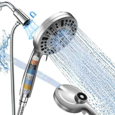 Pommeau de douche filtrant, pommeau de douche à main haute pression 10 modes avec flexible de douche de 1,5 m et support réglable Pommeau de douche filtrant, élimine le chlore et l'eau dure, chromé