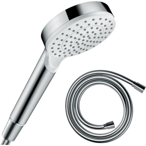 Pommeau de douche HANSGROHE Crometta EcoSmart blanc/chromé + flexible de douche 1,60 m HANSGROHE Isiflex chromé