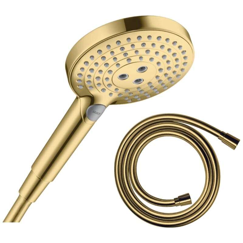 Pommeau de douche HANSGROHE Raindance Select S EcoSmart 120 3 jets aspect doré poli + flexible de douche 1,25 m HANSGROHE Isiflex aspect doré poli
