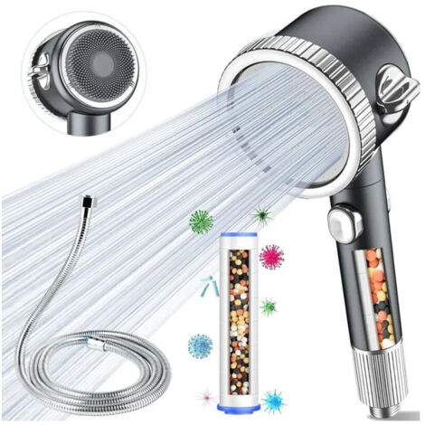 Pommeau de Douche Haute Pression avec Filtre Anti-Calcaire, Douchette Détachable 3 Fonctions, Inclut 1 Cartouche de Rechange, Gris