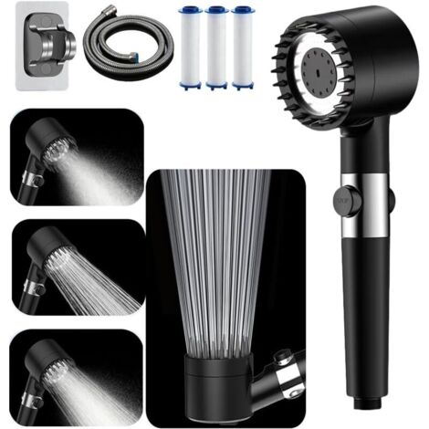 Pommeau de douche haute pression avec flexible de 1,5 m et support, 4 modes, bouton d'arrêt d'eau [Classe d'efficacité énergétique A+++]