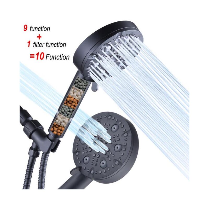 Pommeau de Douche Haute Pression avec Tuyau 1.5M, Pommeau Douche Anti Calcaire Economie Deau 3 Couches de Filtration Ionique, Pomme Douche et 10 Modes