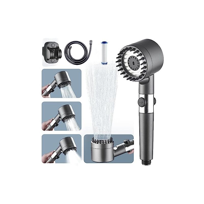Pommeau de Douche Haute Pression, Douche Salle de Bain 4 Modes Réglable, Anti Calcaire Douchette Massant avec Stop Eau, Économie d'Eau, SPA (C)