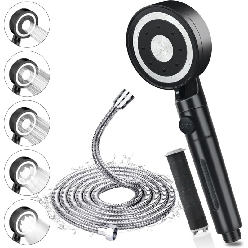 Pommeau de Douche Haute Pression, Pommeau de Douche avec Tuyau 1.5m en Acier Inoxydable 304, Pommeau Douche Économie d'Eau Anti Calcaire, Douchette