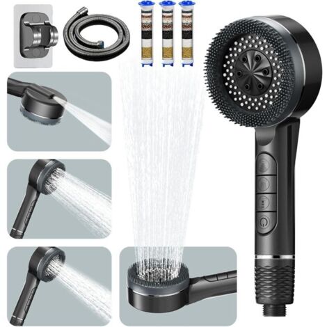 Pommeau de Douche Haute Pression, Pommeau Douche anti Calcaire avec Tuyau Douche 1.5M et Support, Douchette douche salle de bain Filtrant avec Filtre, avec 4 Modes de Jet, Gris Métallisé