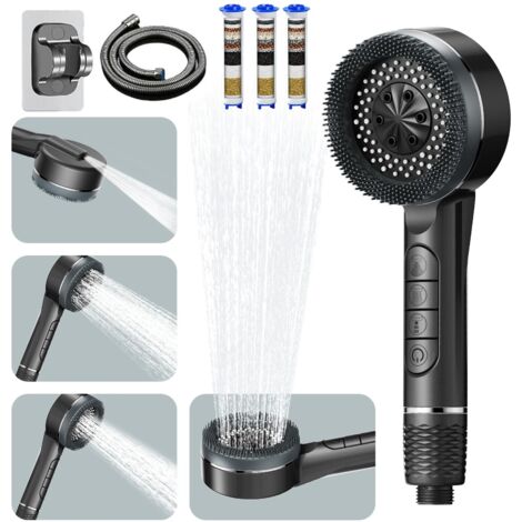 Pommeau de Douche Haute Pression, Pommeau Douche anti Calcaire avec Tuyau Douche 1.5M et Support, Douchette douche salle de bain Filtrant avec Filtre, avec 4 Modes de Jet, Gris Métallisé