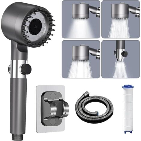 Pommeau de Douche Haute Pression, Pommeau Douche avec Filtre Anti Calcaire, avec Tuyau 1.5M et Support de Douche, Douchette Economie Deau 4 Types de Jets avec Bouton D'arrêt D'eau, Gris argenté