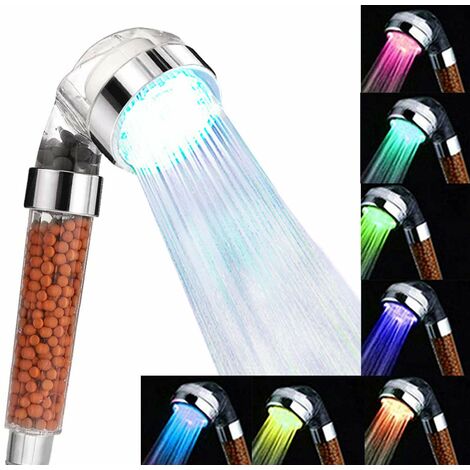 Pommeau de douche LED 7 couleurs, douchette transparente avec filtre ionique et pierre spa une pièce